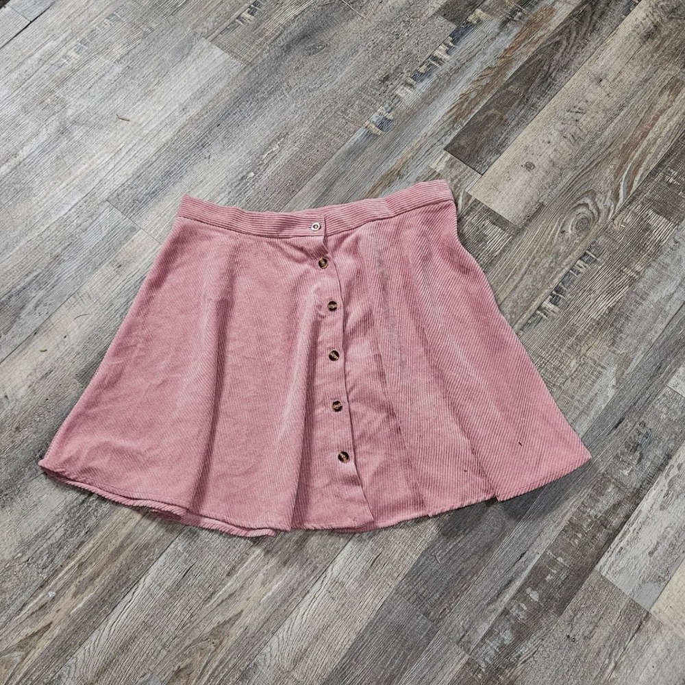 Pink Corduroy Mini Skirt, Button Front A-Line Skater Style Trendy Casual